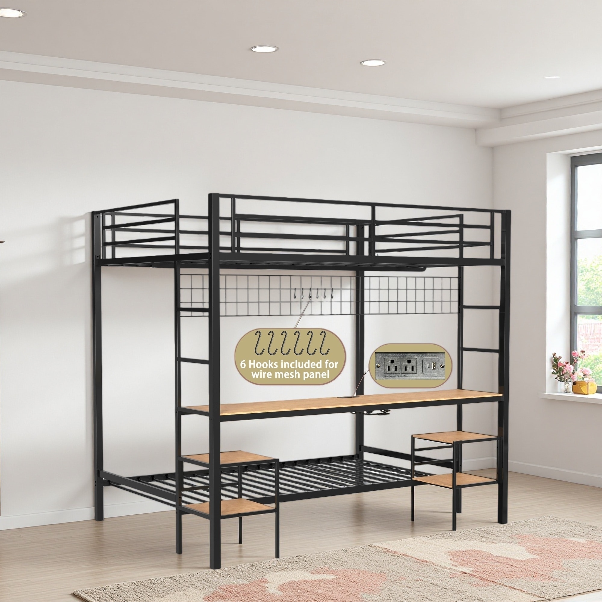 Full Over Twin Metal Bunk Bed with Desk, Charging Station, Storage Shelves, Hooks and Stairs