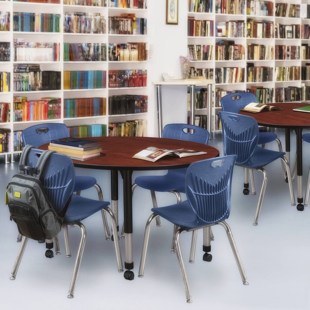 48 in. Round Height Adjustable Classroom Table - Cherry & 4 18-in Stack Chairs- Navy Blue