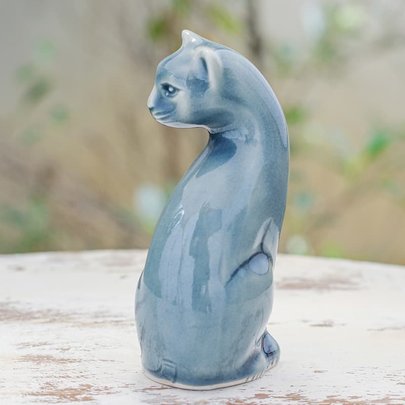 Novica Handmade Beautiful Cat In Blue Celadon Ceramic Figurine