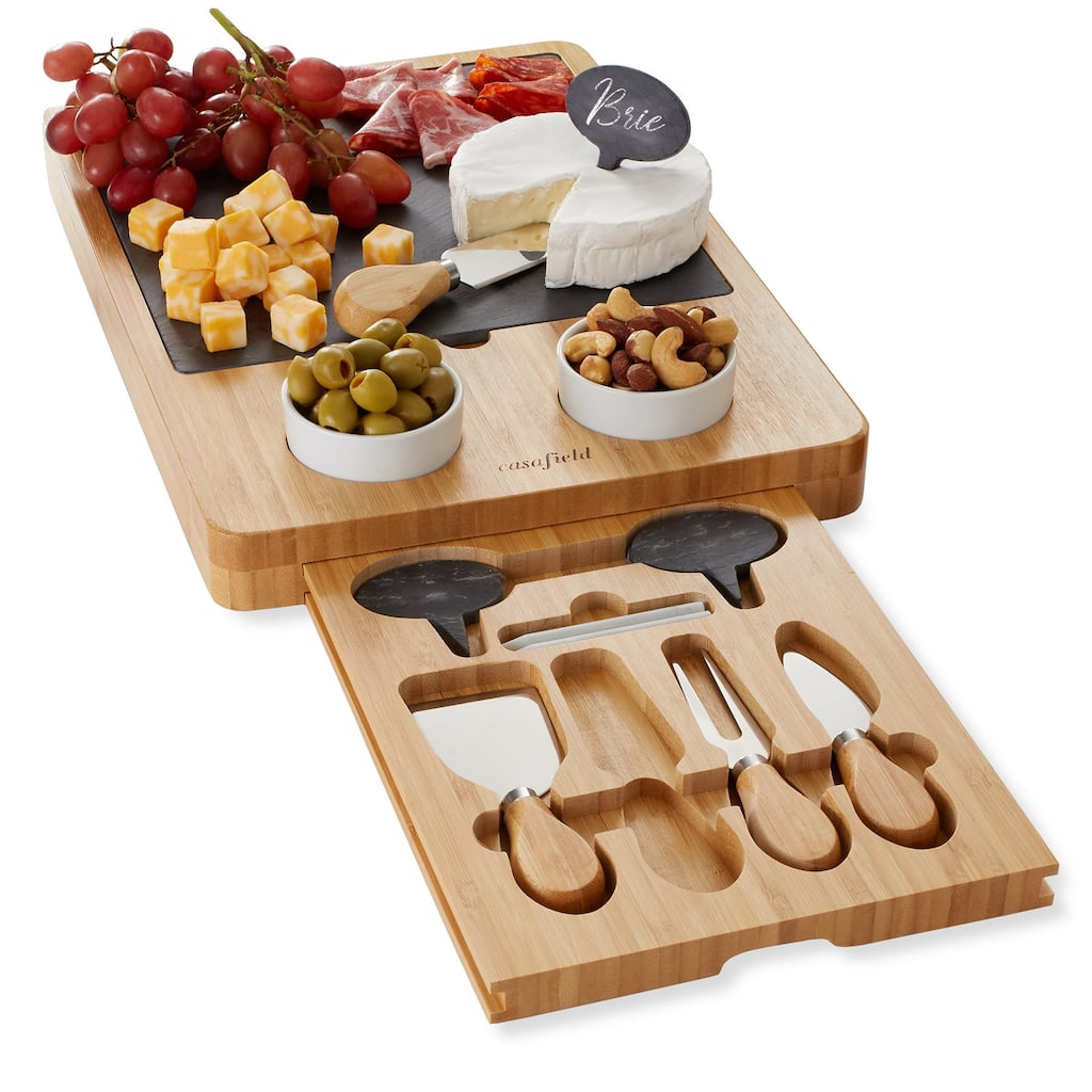 Bamboo Cheese Board Gift Set with Slate Tray 4 Knives 2 Dip Bowls - Medium