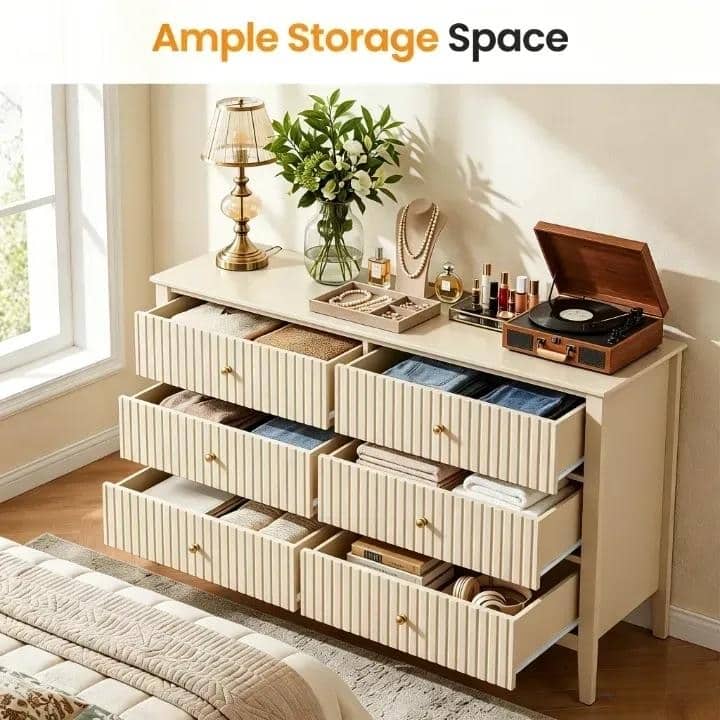 6 Drawer Dresser Fluted Modern with 5 Colors Available | High Weight Capacity Wood Dresser for Bedroom