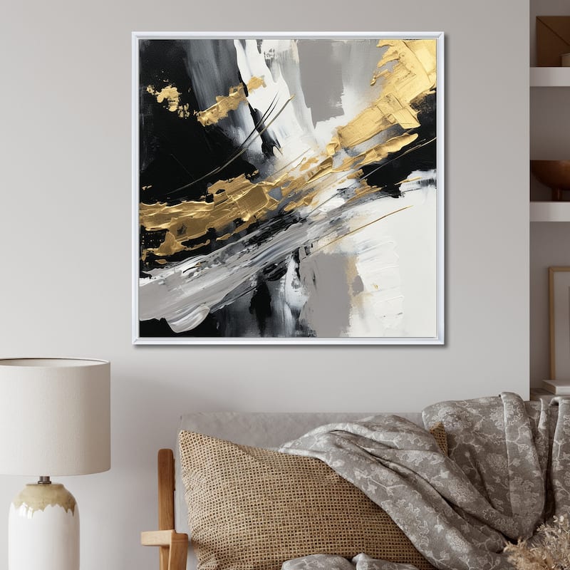 Designart "Golden River Wildness Abstract Gold And Black" Abstract Painting Framed Wall Art Living Room - 36 in. wide x 36 in. high - White
