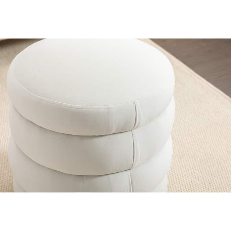 Soft Velvet Round Ottoman Footrest Stool for Living Room,Ivory