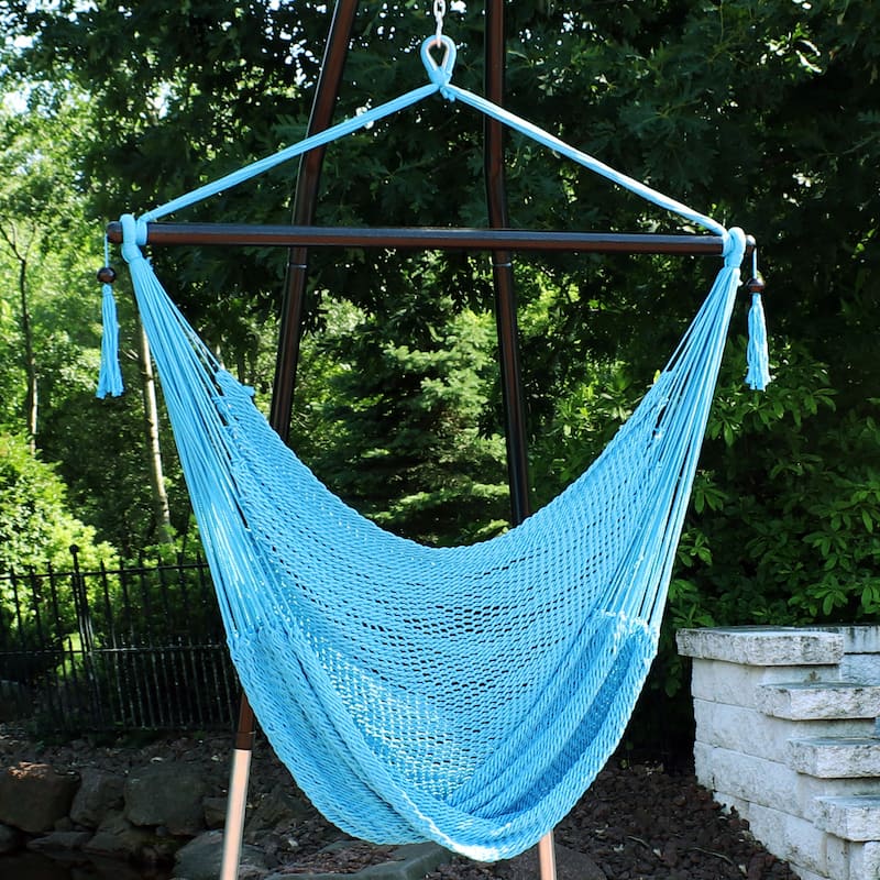 Sunnydaze Outdoor Extra Large Caribbean Polyester Rope Hammock Chair - Sky Blue