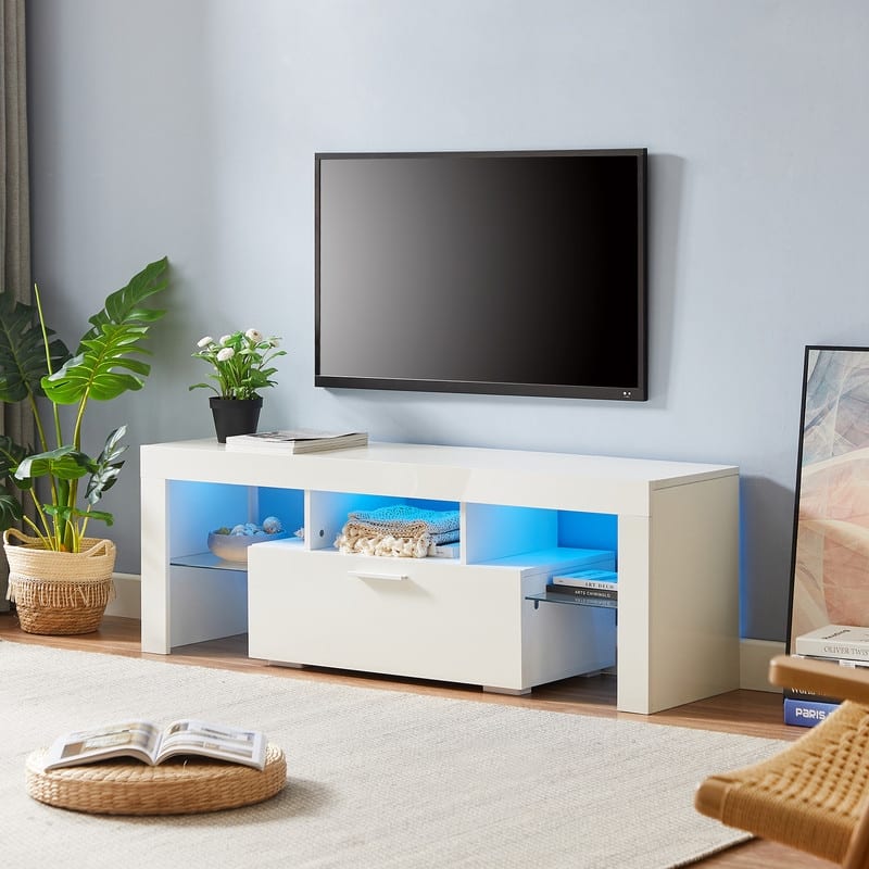 Modern TV Stand with RGB LED Lights & Remote, Tempered Glass Shelves