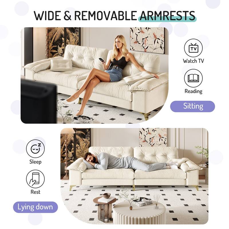 104.7" Modern Sectional Sofa with Tufted Design, Removable Armrests, Metal Legs & 2 Pillows, Chenille Upholstered Couch