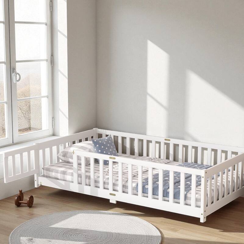 Twin Size Rubber Wood Floor Bed with Fence and Door, Montessori Platform Bed with Safety Guardrails for Kids