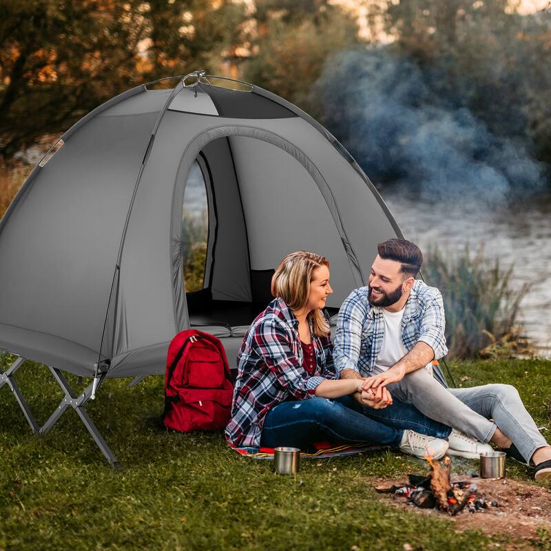 Grey Oxford Cloth Metal Elevated Camping Cot Tent for 2 Persons with Wheeled Bag - 77" x 71" x 59"