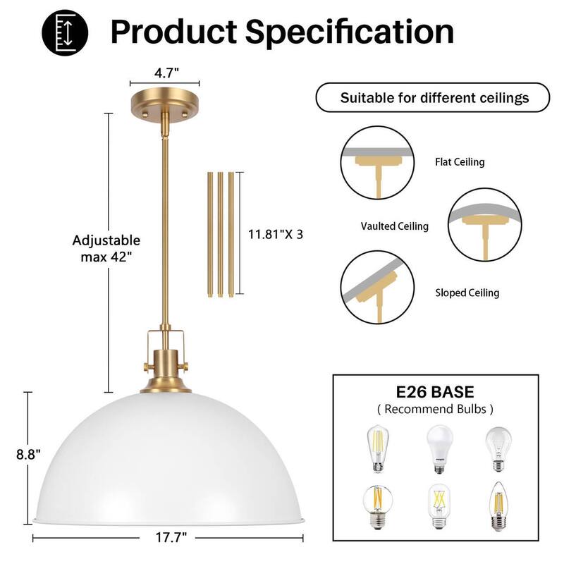 Modern Industrial 1-Light Dome Metal Pendant Light for Kitchen Island