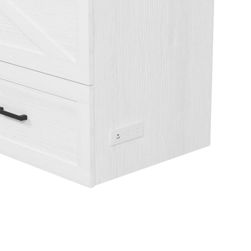 Queen Size Wood Murphy with Charging Station, Foldable Platform Bed with Large Storage Drawer