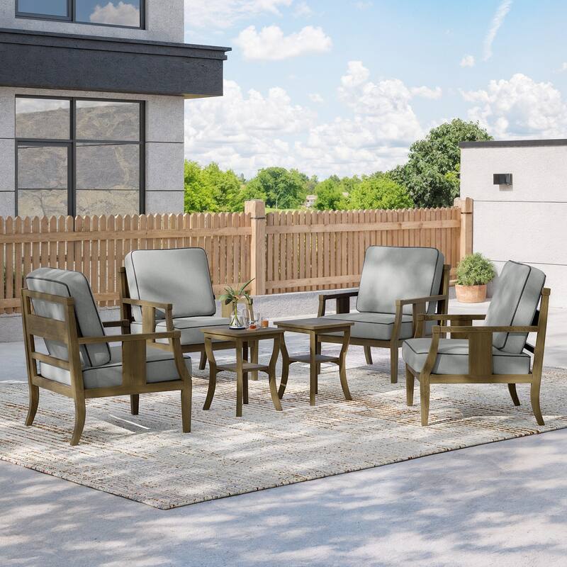 6-piece Outdoor Teak Seating Set Club Chairs with Cushions - Naturalframe-Grey - Natural Frame