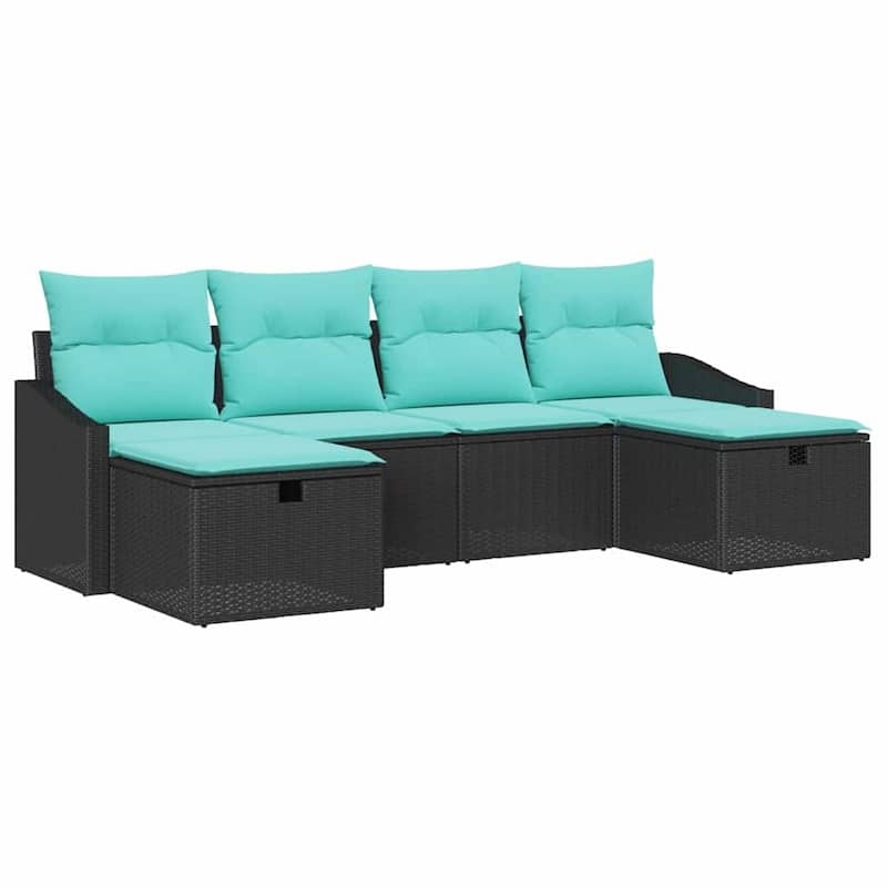 vidaXL 6 Piece Garden Sofa Set with Cushions Black Poly Rattan - 98.8×46.1×27.2