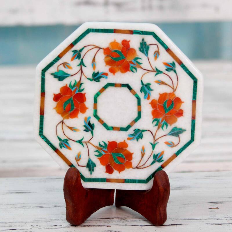 NOVICA Handmade Bright Carousel Marble Inlay Decorative Plate