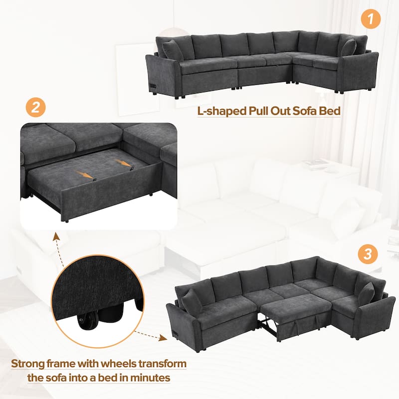 Roomfitters L-Shaped Convertible Pull-Out Sofa Bed with Two Back Pillows, USB Ports, and Power Sockets