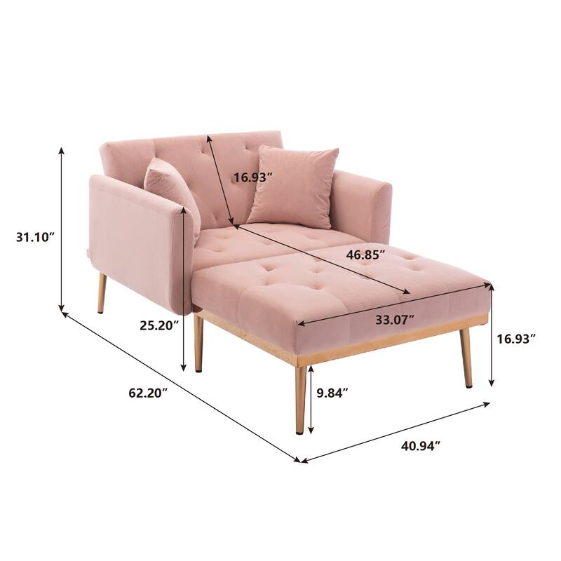 Velvet Fabric Chaise Lounge Chair with Adjustable Backrest and Pillow
