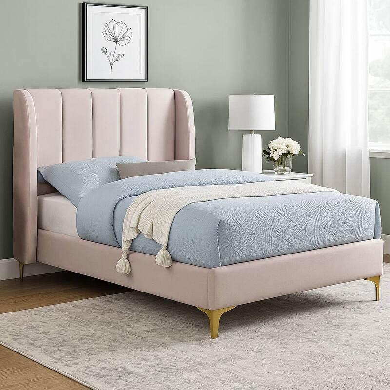 Pevy Queen Size Bed, Tufted Wingback in Light Pink Velvetlike Upholstery