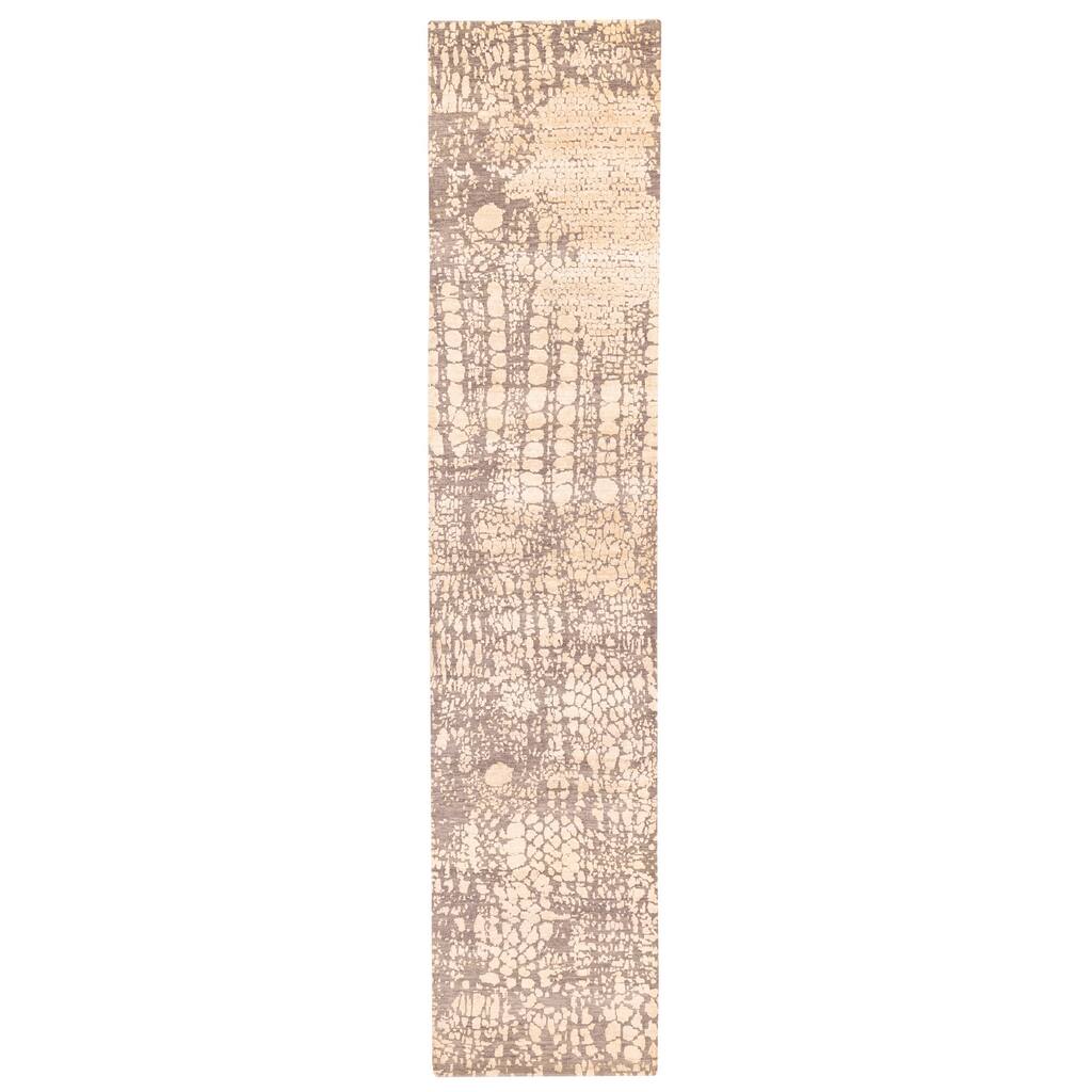 ECARPETGALLERY Hand-knotted Legacy Beige, Dark Grey Silk, Wool Rug - 2'7 x 12'3