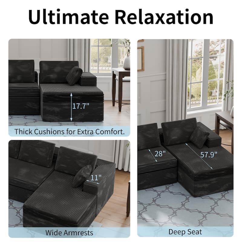 Black 108" Boneless Cloud Couch, Modular L-Shaped Sectional Sofa