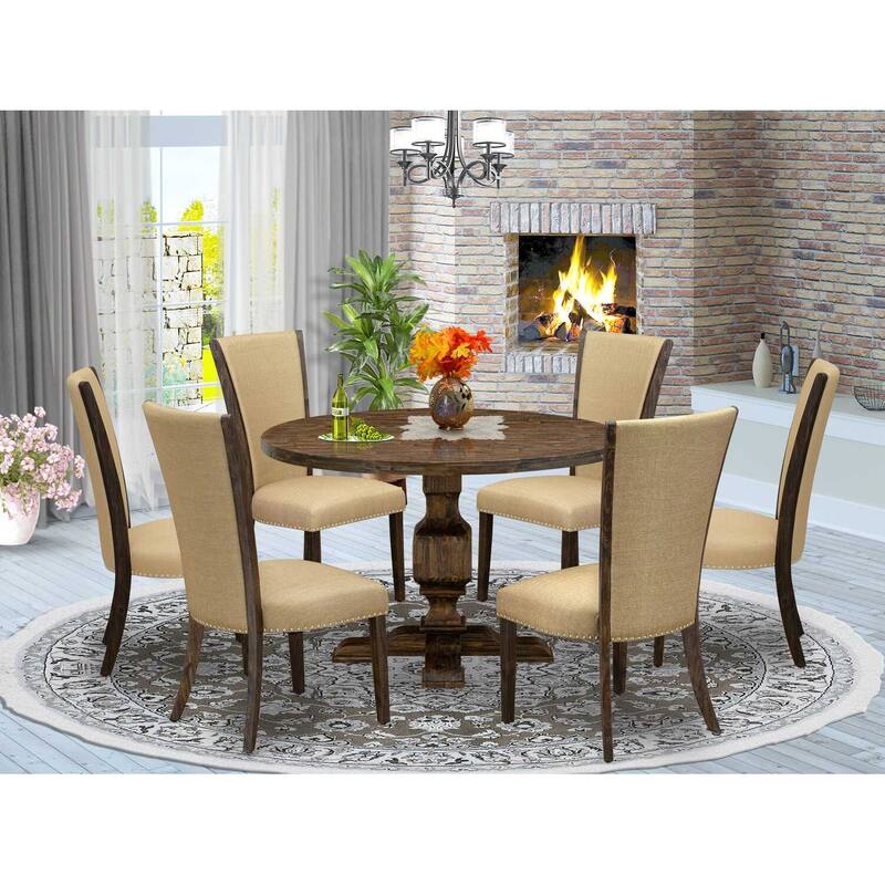 HomeStock 7-Piece Distressed Jacobean Finish Solid Wood Top Dining Table with 6 Parson Chairs