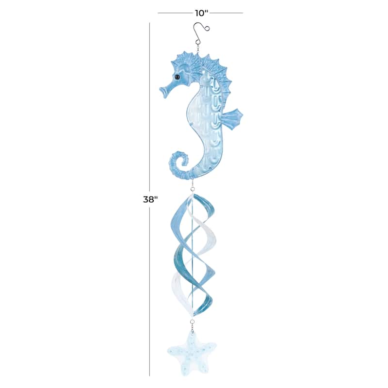 Blue Metal Swirl Wind Spinner Sea Horse Windchime with Starfish Accent