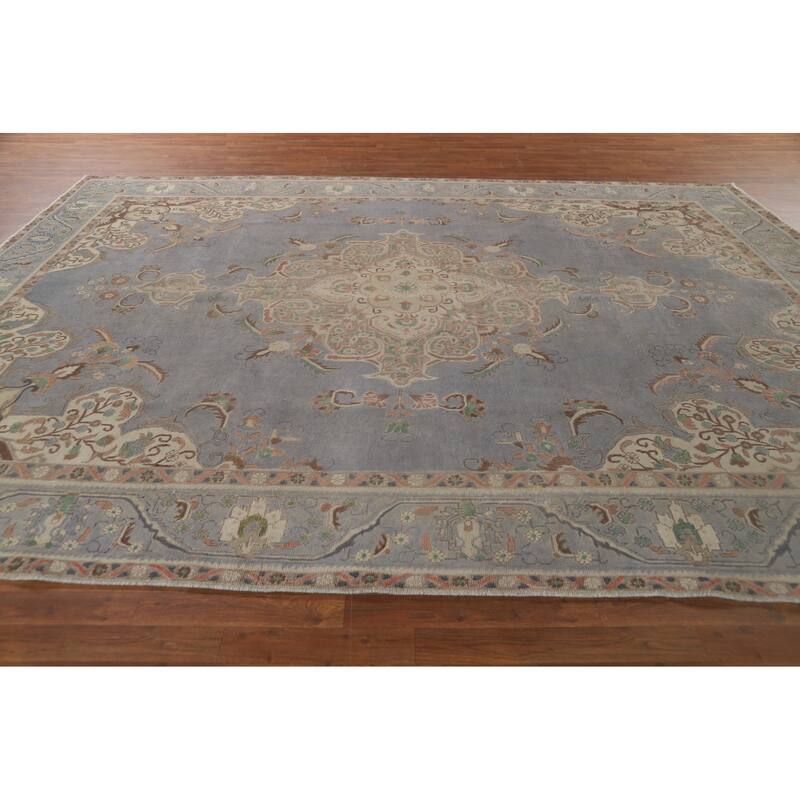 Blue Tabriz Vintage Persian Area Rug Hand-Knotted Wool Carpet - 9'5" x 12'4"
