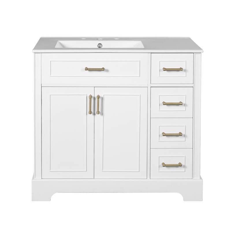 Bathroom Vanity with Ceramic Sink, Bathroom Vanities with Adjustable Shelf, Storage Cabinet with Soft-Close Doors and Drawers