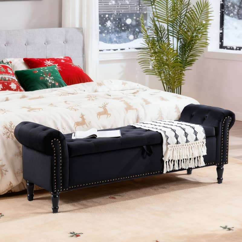 67" Velvet Tufted Storage Bench for Bedroom End of Bed with Roll Arms