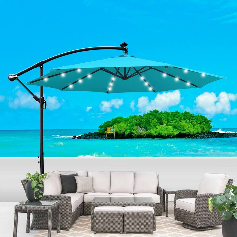 10 ft Solar Powered LED Patio Umbrella with Crank, Waterproof Canopy, and Cross Base for Outdoor Use