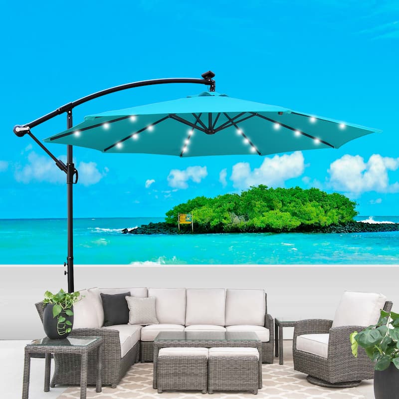10ft Patio Umbrella Solar Powered LED Lighted Sun Shade Market Waterproof 8 Ribs Umbrella with Crank and Cross Base for Garden