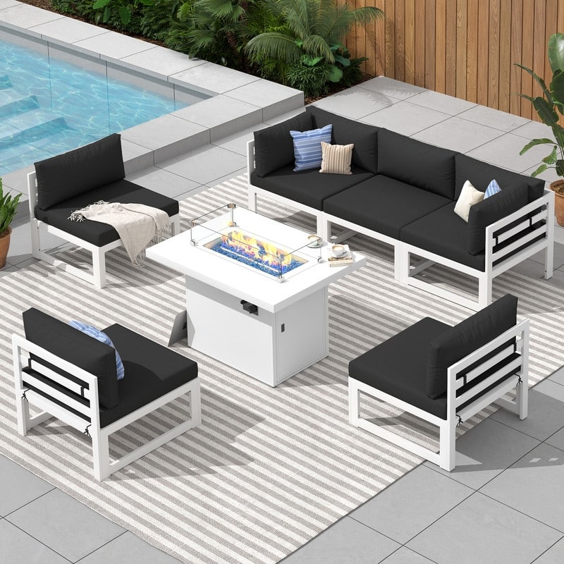 FINCATI White Aluminum Modern Patio Furniture Sectional Sofa Set with Cushion - 7 Pieces-A - Black