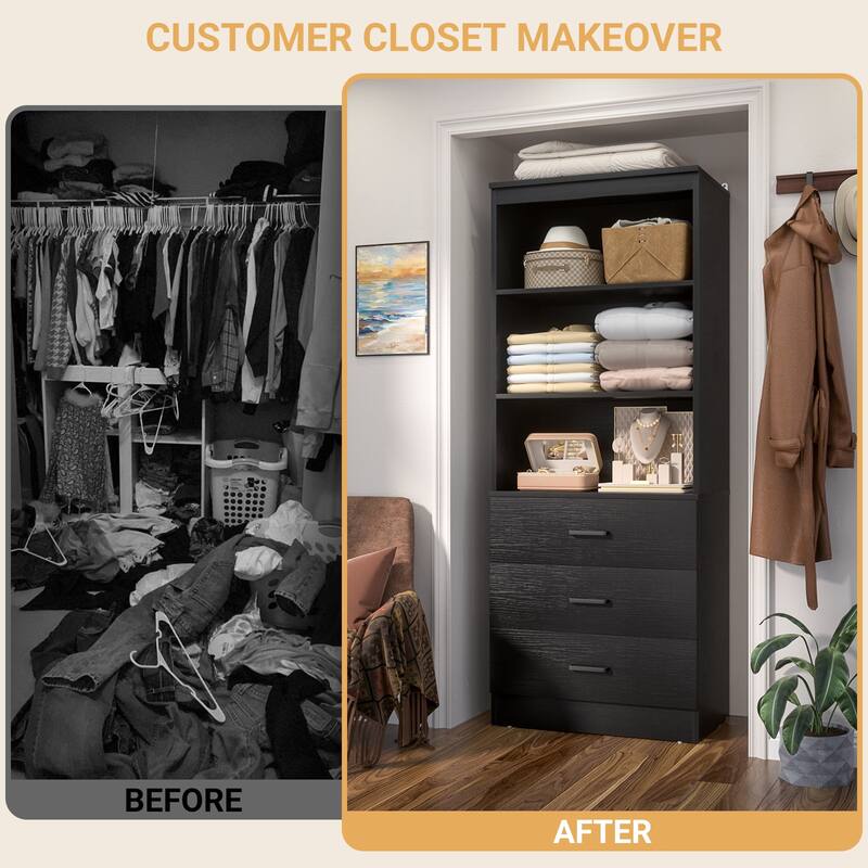 23.6" W Closet System with 3 Wooden Drawers and Storage Shelves, 2FT Sturdy Walk-in Organizer Storage Unit