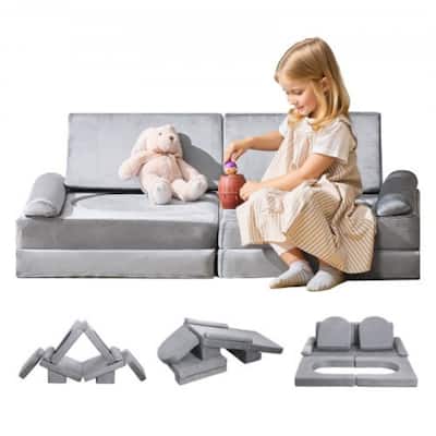 Kids Play Couch 10-Piece Modular Set with U-Shaped and Trapezoid Cushions for Toddlers - 43.1 x 23.4 x 15.1 in