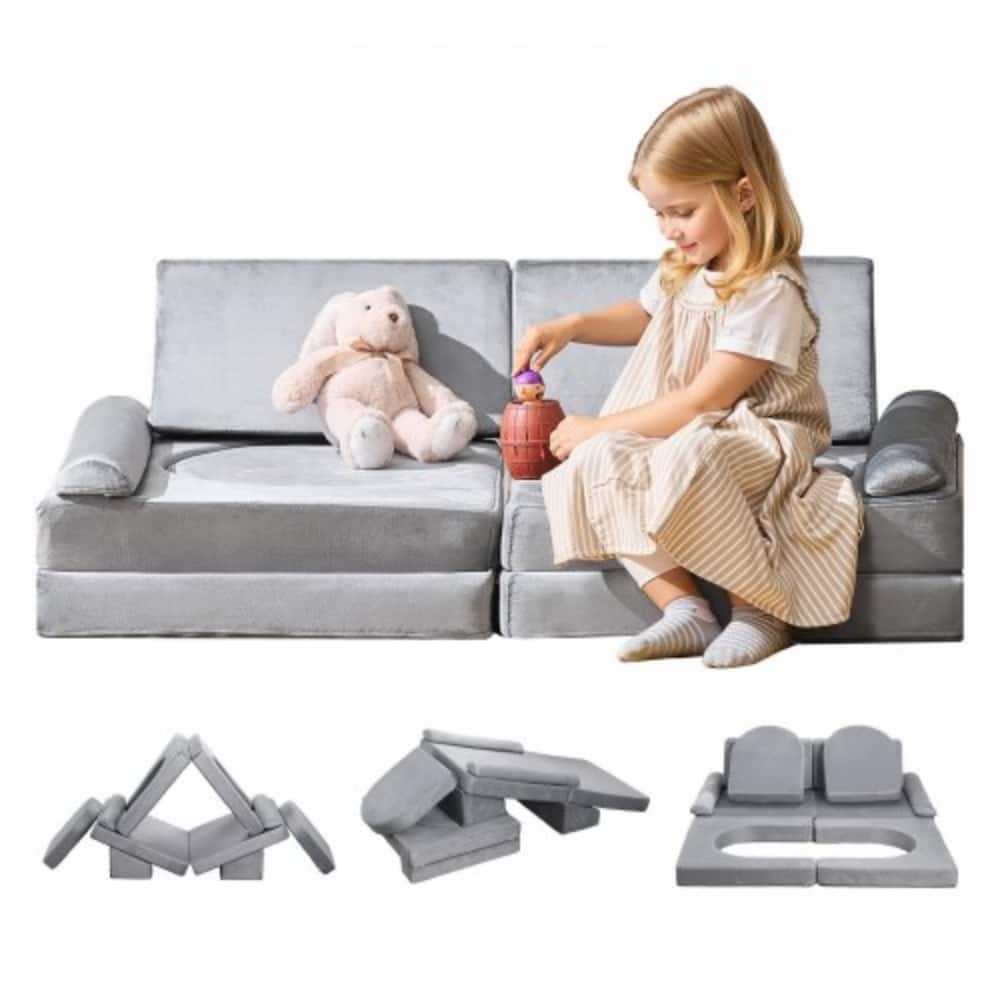 Kids Play Couch 10-Piece Modular Set with U-Shaped and Trapezoid Cushions for Toddlers - 43.1 x 23.4 x 15.1 in