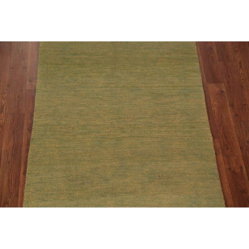 Green & Yellow Modern Gabbeh Runner Rug Handmade Wool Carpet - 2'8" x 9'6"