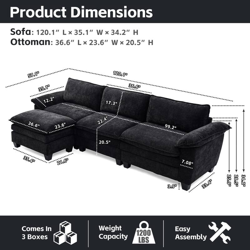 Roomfitters Large Modular Sofa with Ottoman, Modern 3-Seater Sectional Couch for Living Room and Office