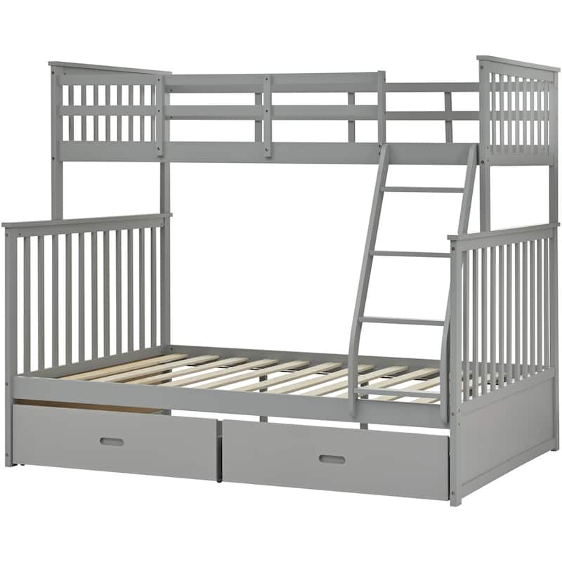 Gray Twin Over Full Bunk Bed with Storage Drawers, Solid Wood Frame, Safety Guard Rails