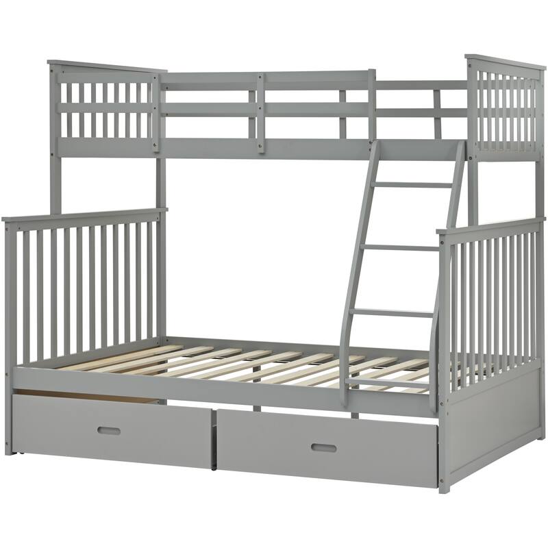 Twin Over Full Bunk Bed with Storage Drawers, Wooden Bunk Bed with Ladder and Safety Guard Rails