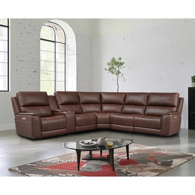6PCS, 3 power Recliners, Double Width Genuine Leather Reclining Sectional with Power headrest, Zero Gravity - Dark Brown