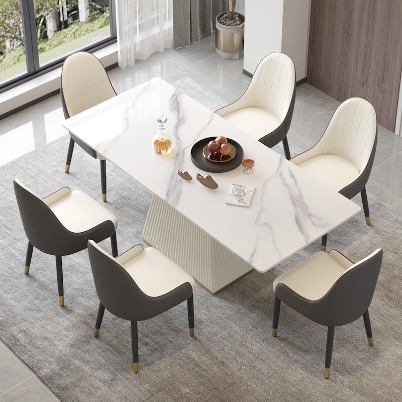 Elegant Faux Marble Dining Table Slate Panel Kitchen Table With Square Pedestal - White - 78.74"