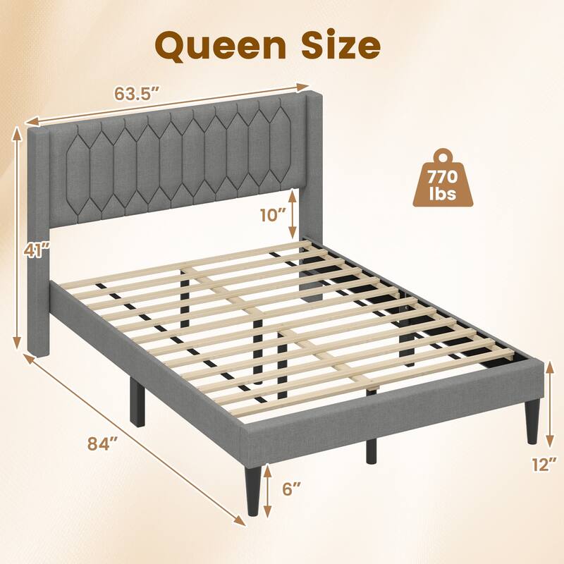Modern Queen Velvet Upholstered Bed Frame with Cushioned Wingback and 10 Legs Slatted Platform
