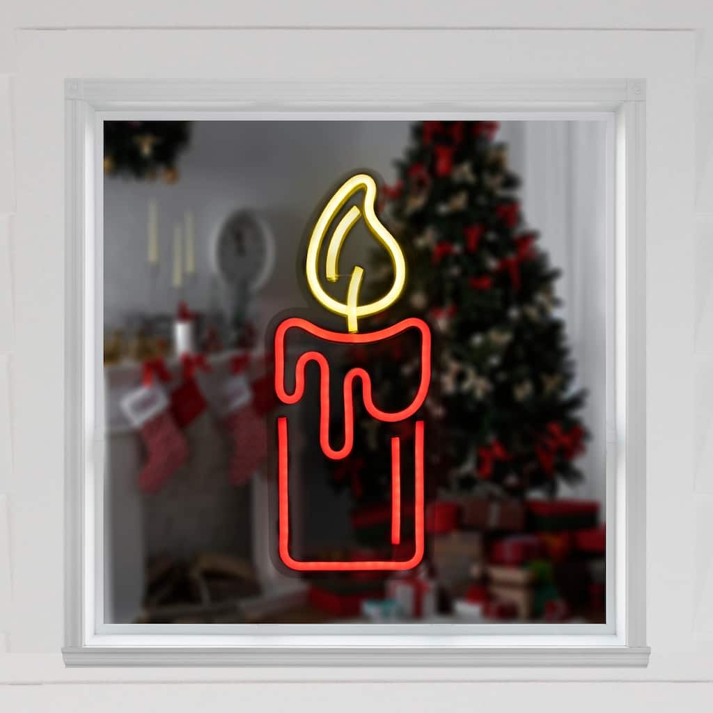 12" Red LED Lighted Neon Style Red Candle Christmas Window Silhouette