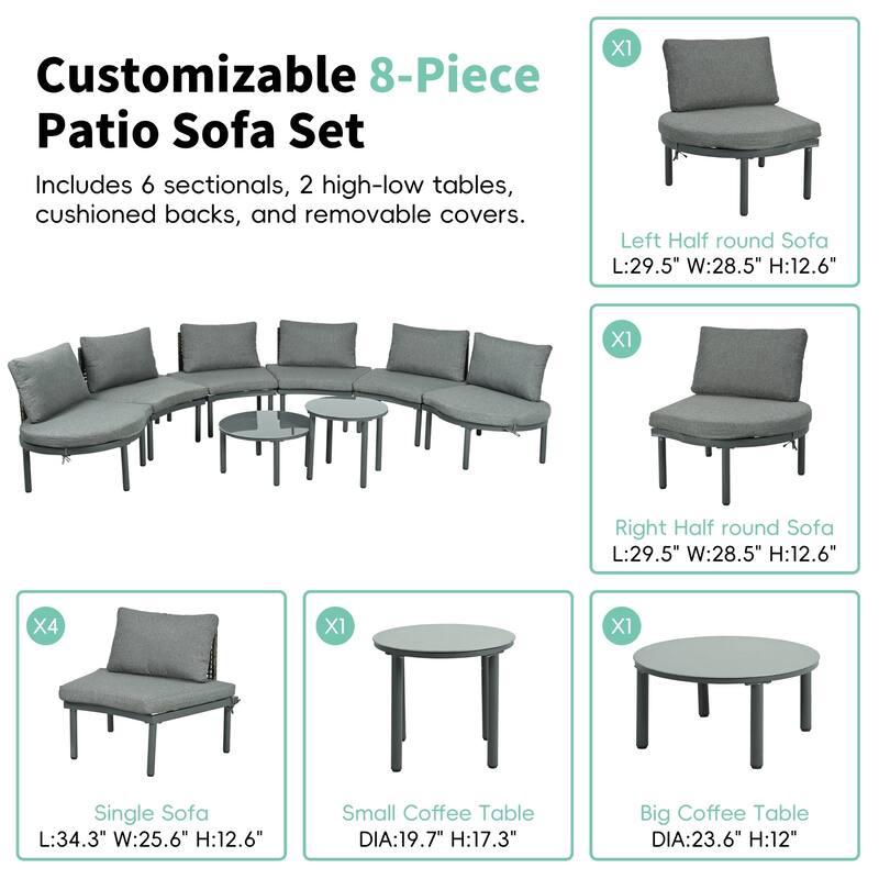 6/8-Piece Half Moon PE Wicker Patio Sectional Set with Dual Coffee Tables