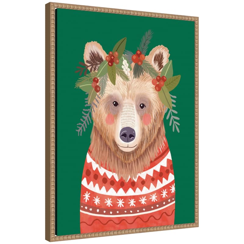 Kate and Laurel Sylvie Beaded Christmas Bear Framed Canvas by Mia Charro - Brown