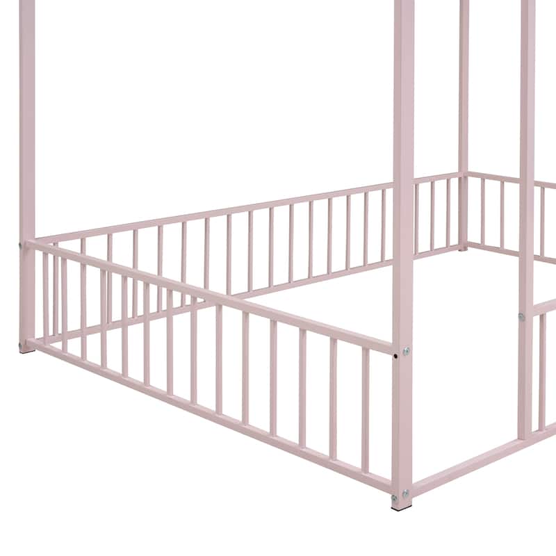 Full Size Metal House Bed Frame with Fence & Roof