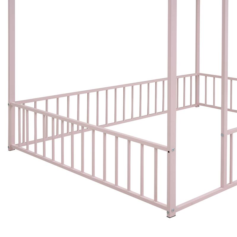 Kids' Twin/Full Metal House Bed Frame with Roof and Fence, Playful Sleep and Play Space, Sturdy Frame, Multiple Colors