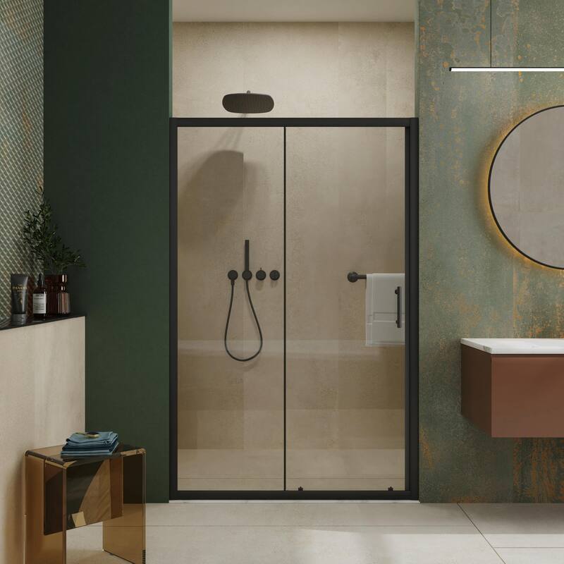 Clear Tempered Glass Single Sliding Shower Door, 48" W x 72" H with Stainless Steel Handle - Matt Black