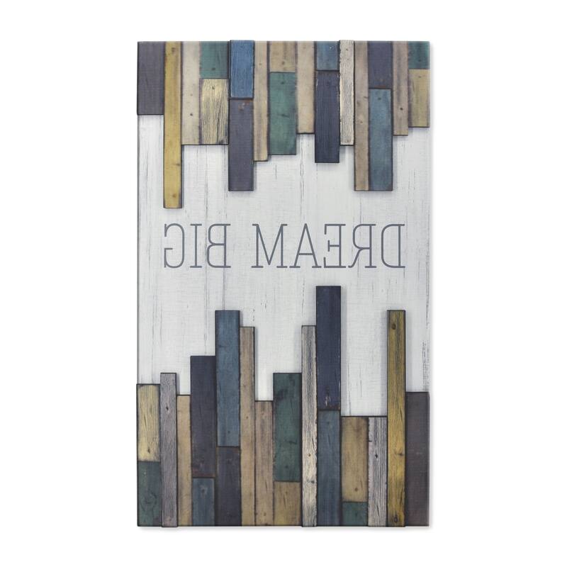 HomeRoots 32" X 19" Blue Tan And White Dream Big Wood Wall Decor