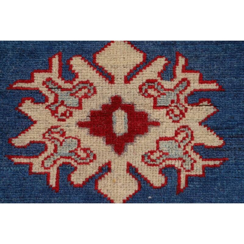 Geometric Kazak Foyer Rug Hand-Knotted Traditional Blue Wool Carpet - 2'7" x 3'11"