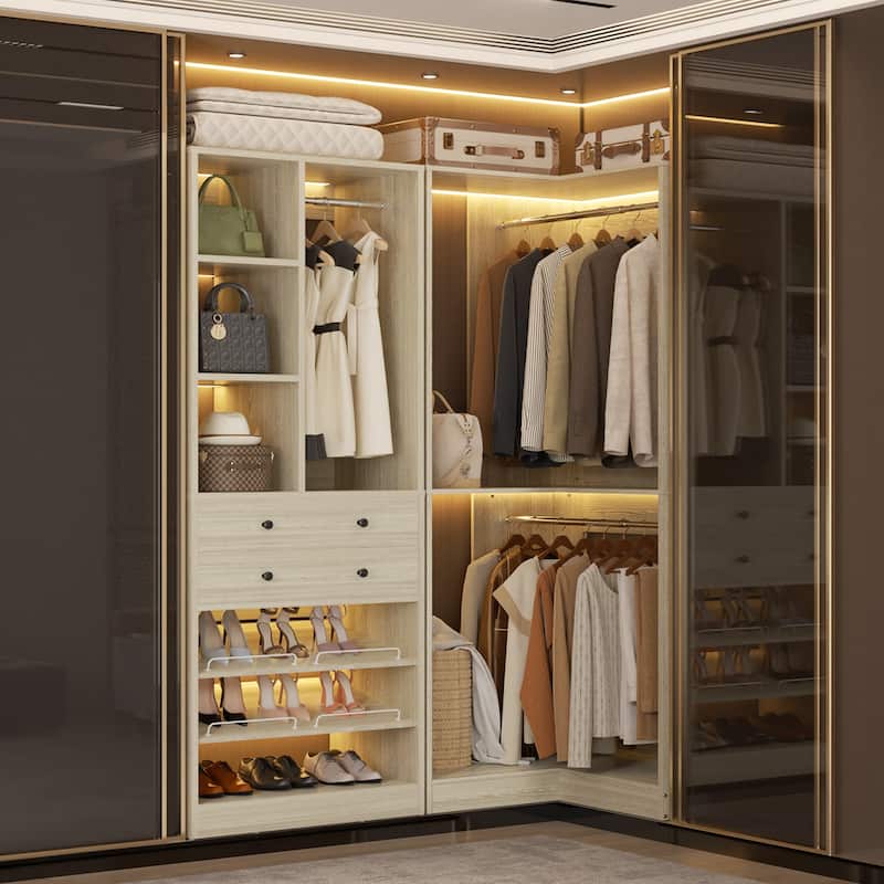 Set of 2/ 3 Coner Closet System with Shoe Racks and Drawers, Freestanding Closet Organizer with Hanging Rods and Shelves - Washed Oak - Set of 2