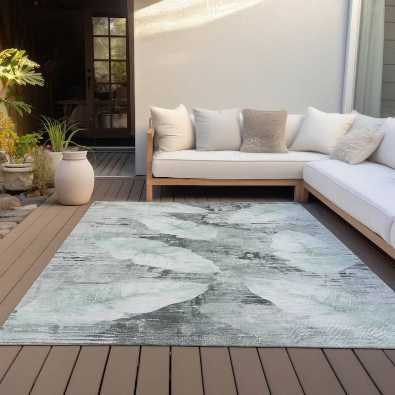 Machine Washable Indoor/Outdoor Modern Leaf Chantille Rug - Teal - 10' x 14'